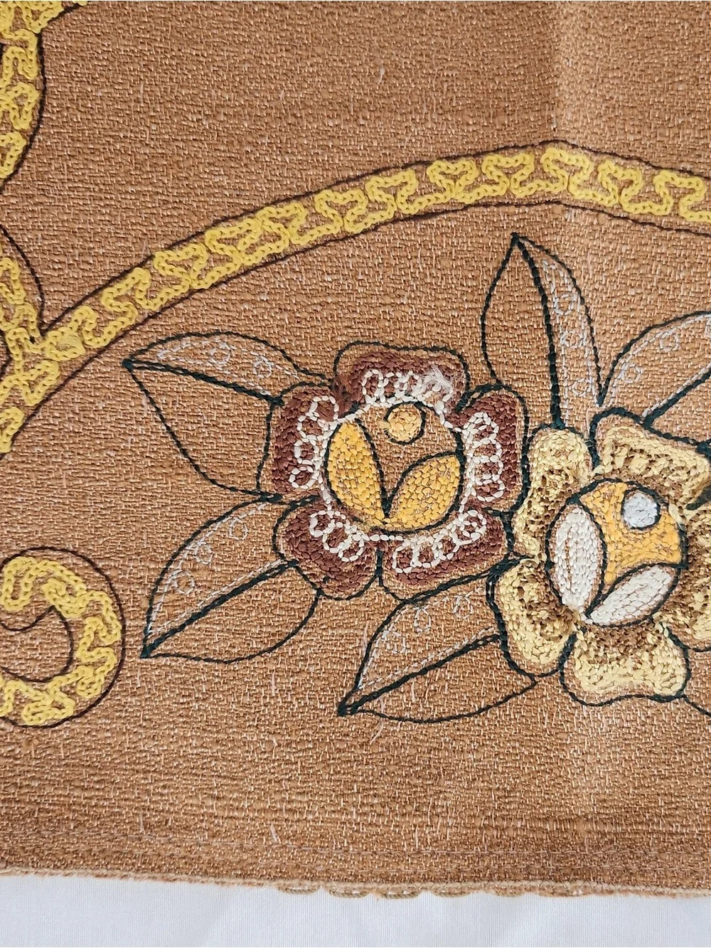 Vintage Floral Punch Needle Embroidered Arts & Crafts Style Table Runner Pair